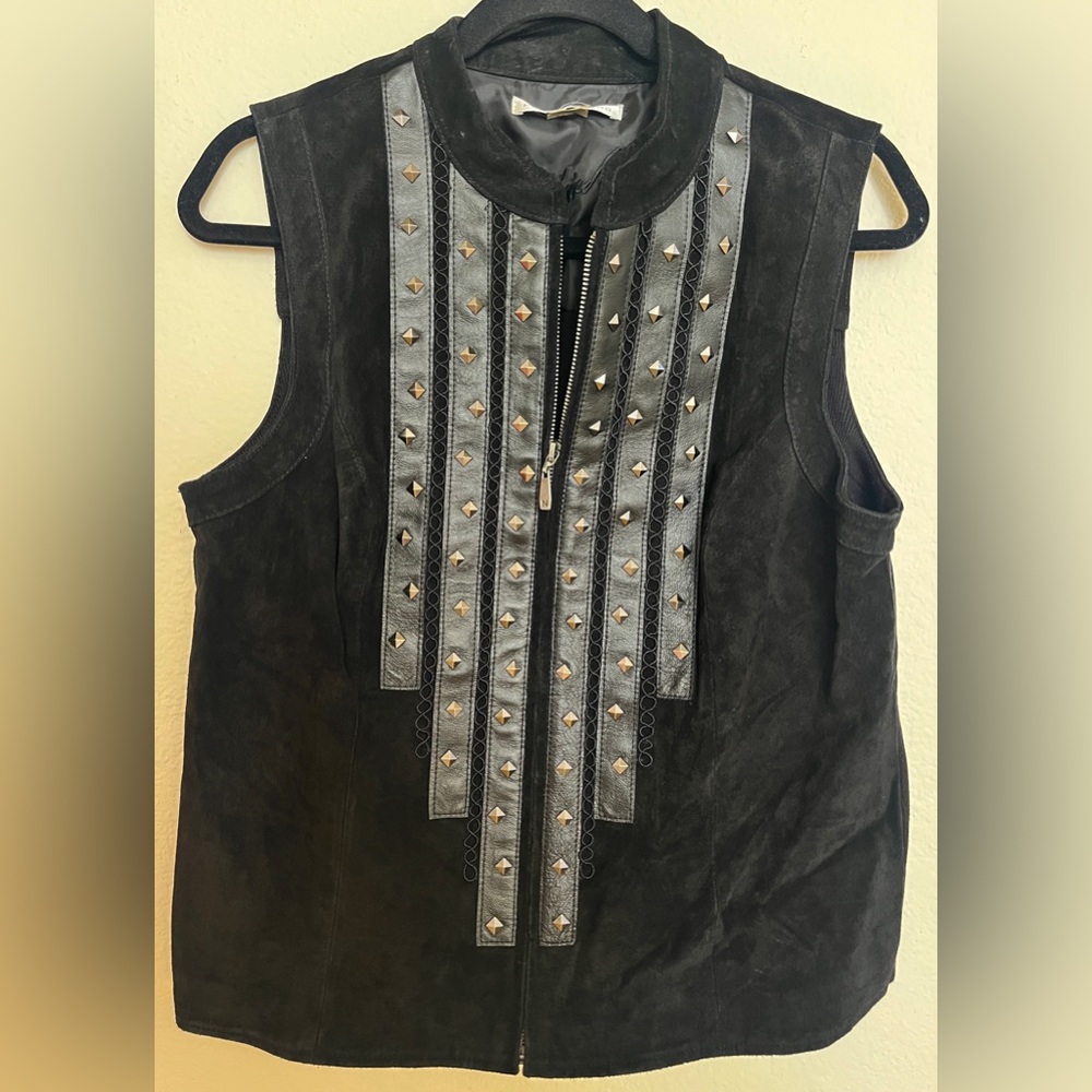 Black‎ Suede Studded Vest Western Boho Biker Festival Moto Style - Picture 2 of 16